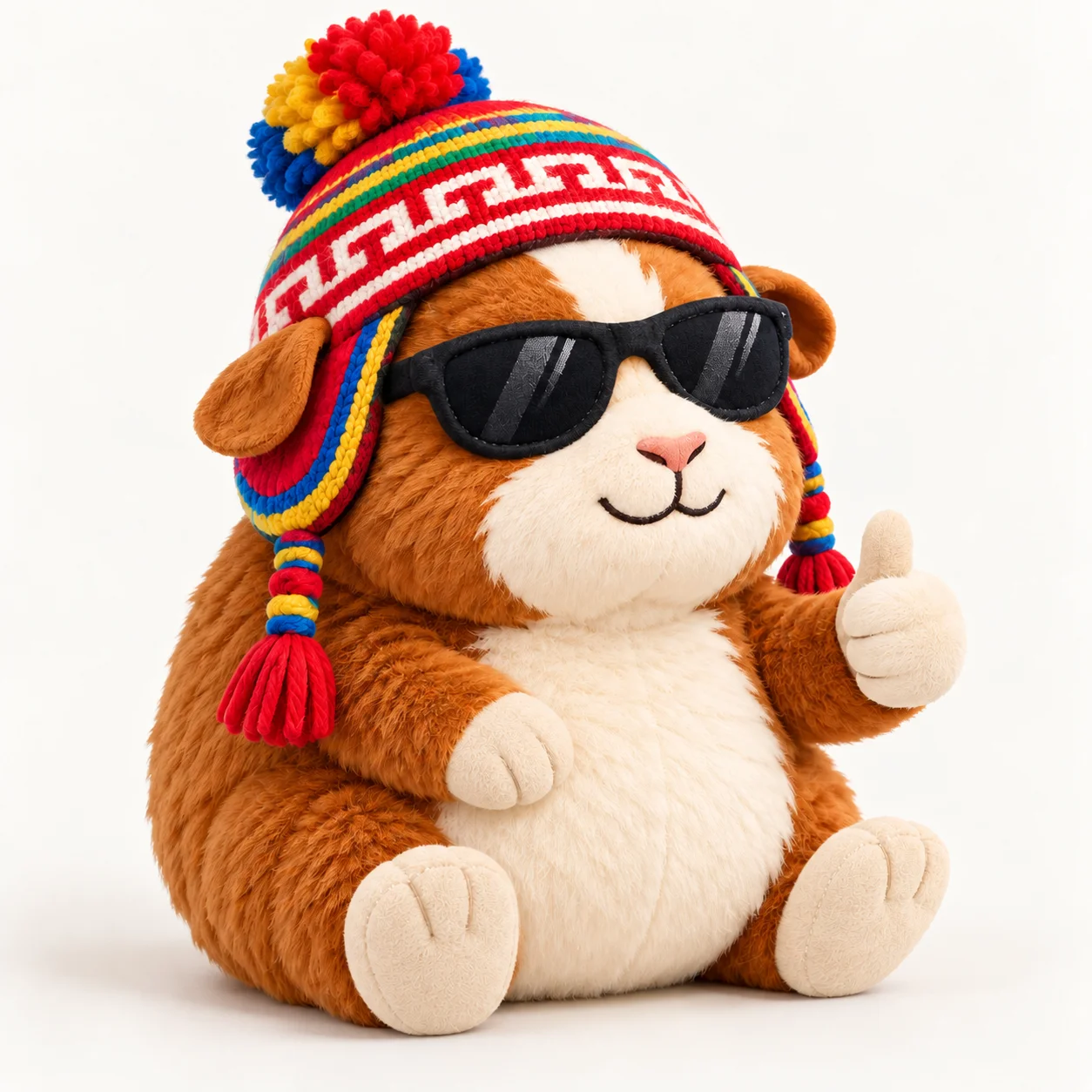 Imagen referencial de un peluche de Cuchu con chullo peruano y lentes, no es un producto real